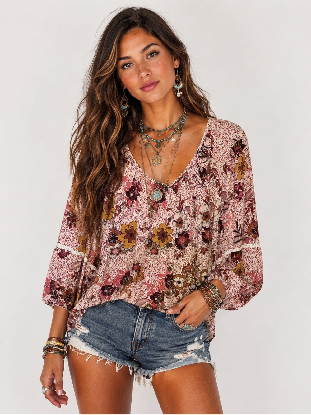 Knox Rose Pink Floral Button-Front Boho Tunic Large